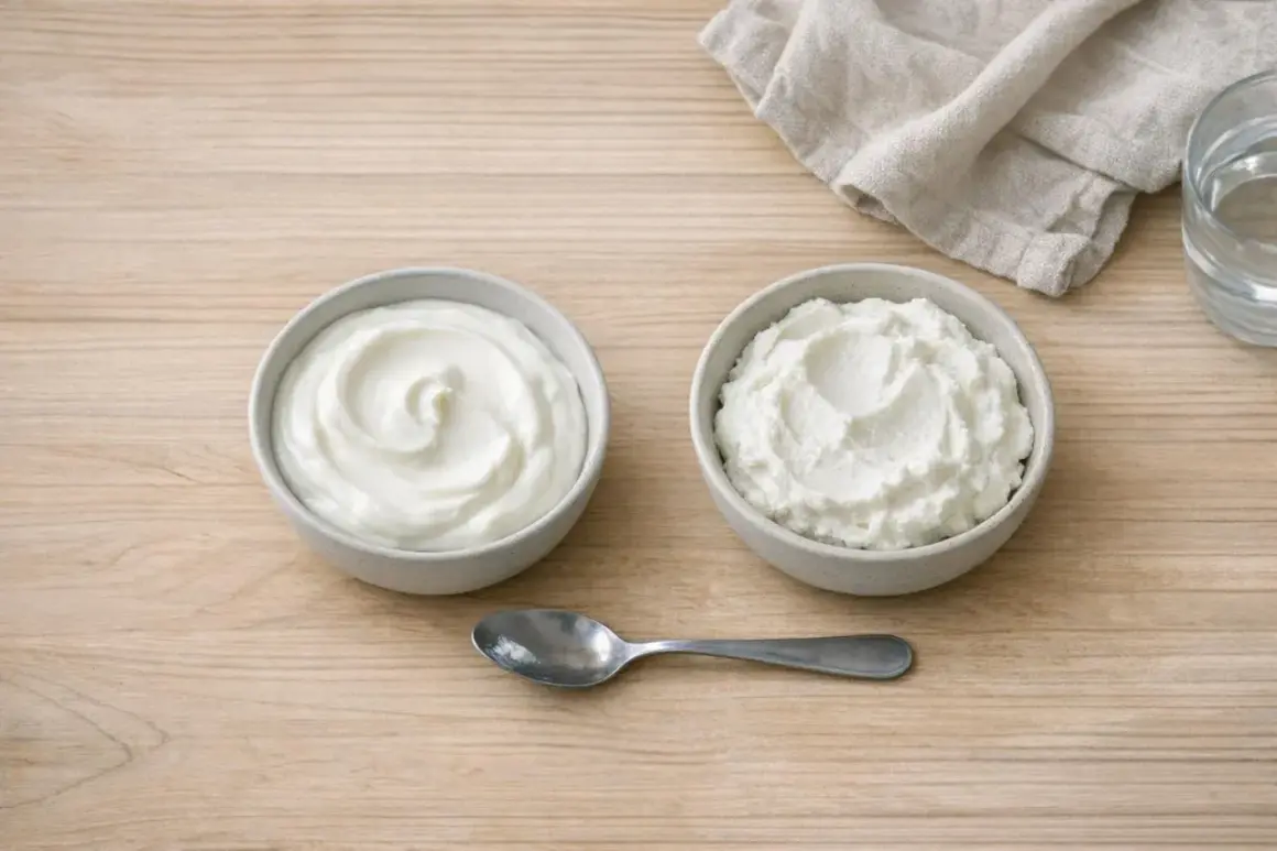 Due ciotole di yogurt greco, una liscia e una più granulosa, pronte per essere gustate. Ottimi yogurt greco valori nutrizionali per una colazione sana.