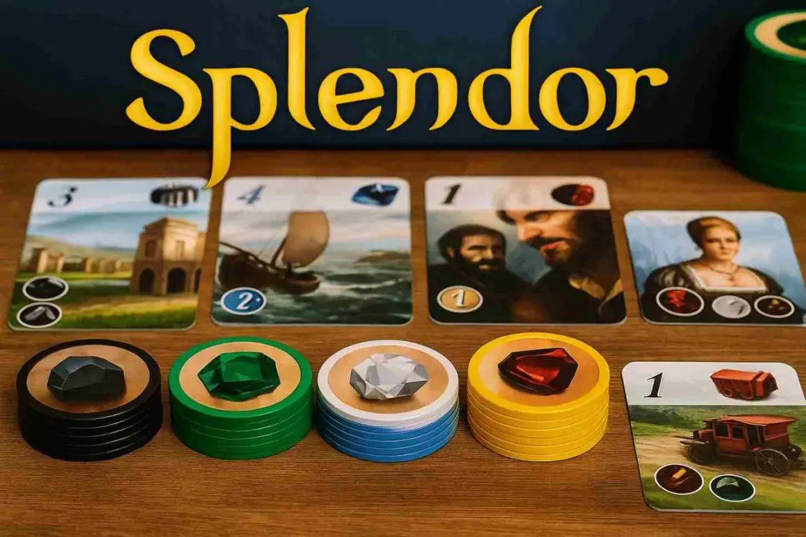 Gra Splendor: karty z budynkami, statkiem, ludźmi i klejnotami. Żetony czarne, zielone, niebieskie i żółte. W tle logo gry.
