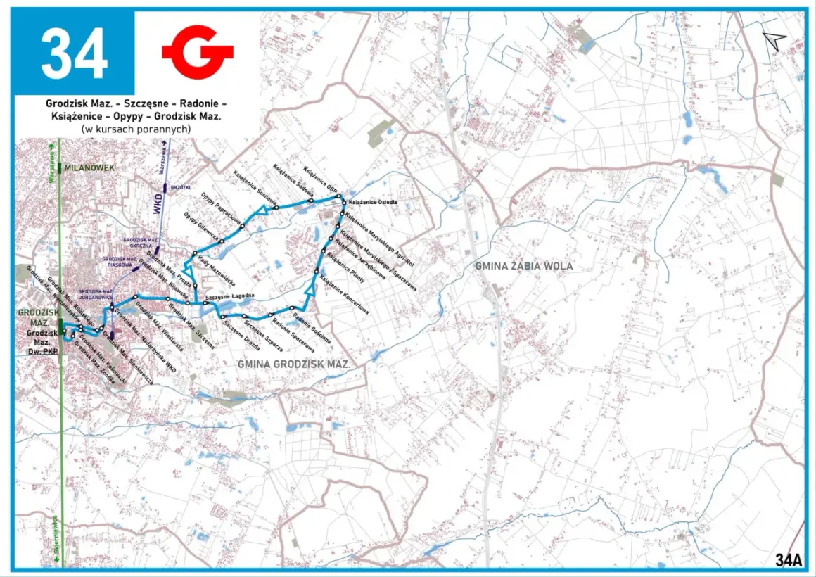 Mapa trasy linii 34 Grodzisk Maz. - Szczęsnesne - Radonie - Książenice - Opy. Trasa biegnie przez Milanówek, Grodzisk Mazowiecki, Książenice i Opy.