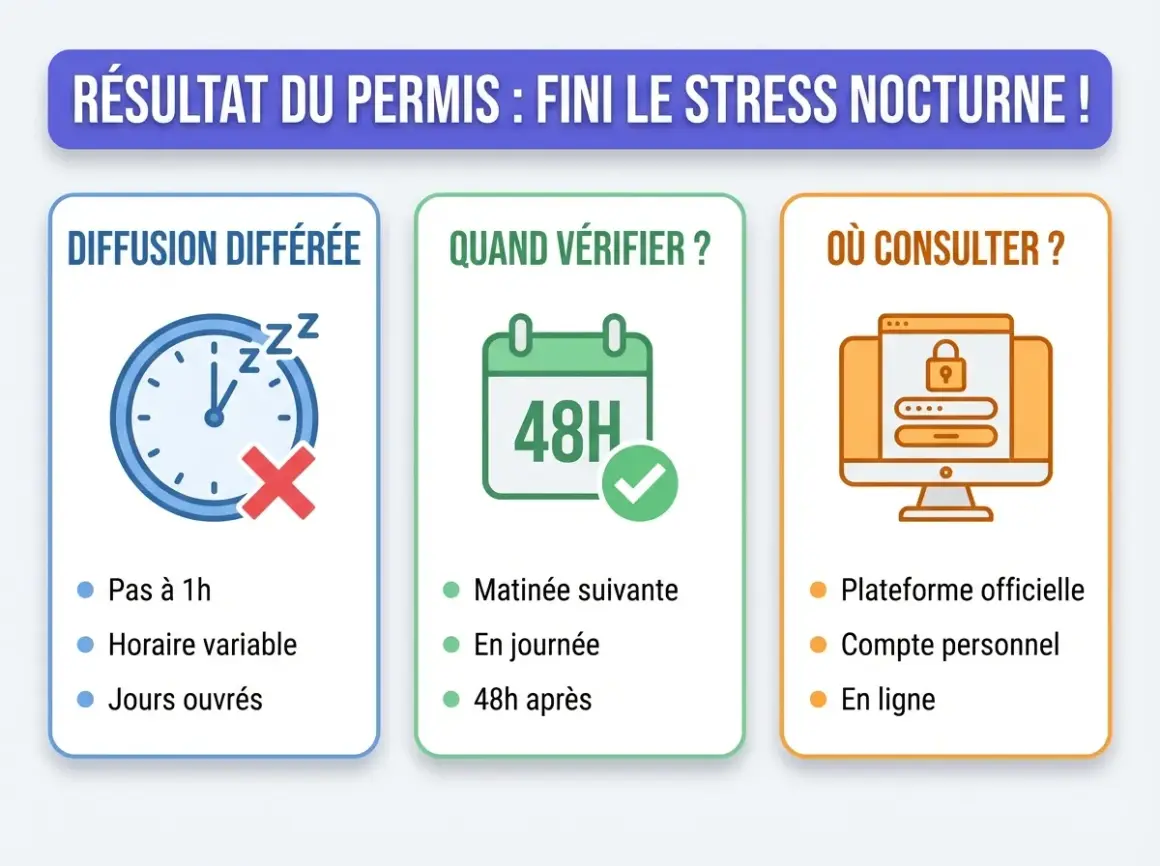 Quand résultat permis : diffusion différée, quand vérifier (48h), où consulter (plateforme officielle).