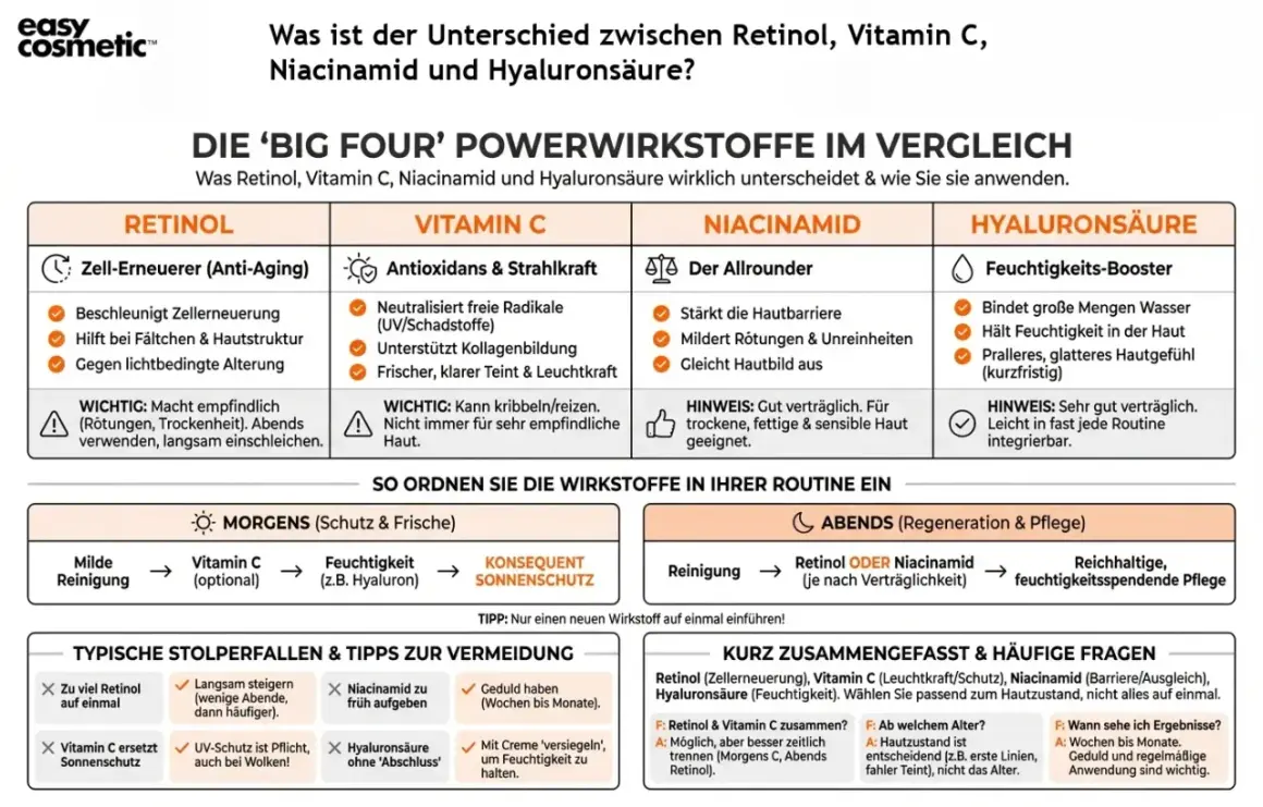 Vitamin C sorgt für strahlende Haut, neutralisiert freie Radikale und unterstützt die Kollagenbildung. Ideal für morgens!