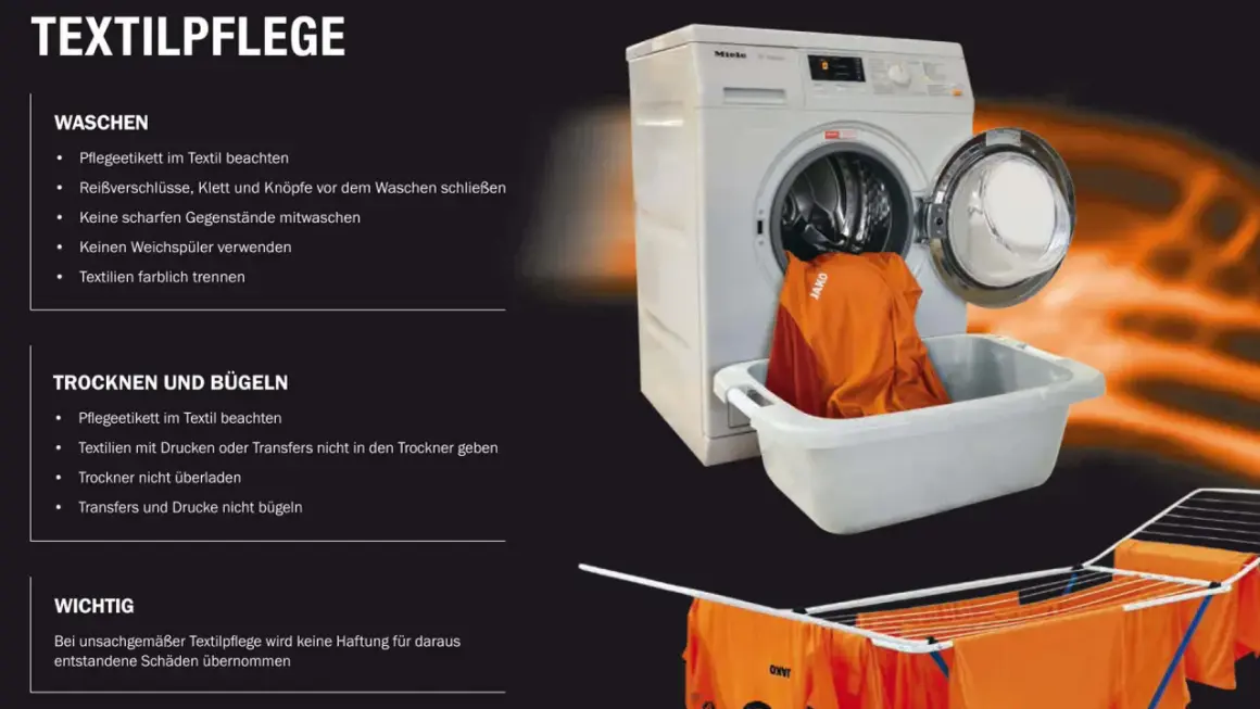 Waschanleitung: Textilien mit Drucken nicht in den Trockner geben. Orange Sportbekleidung trocknet auf einem Wäscheständer.