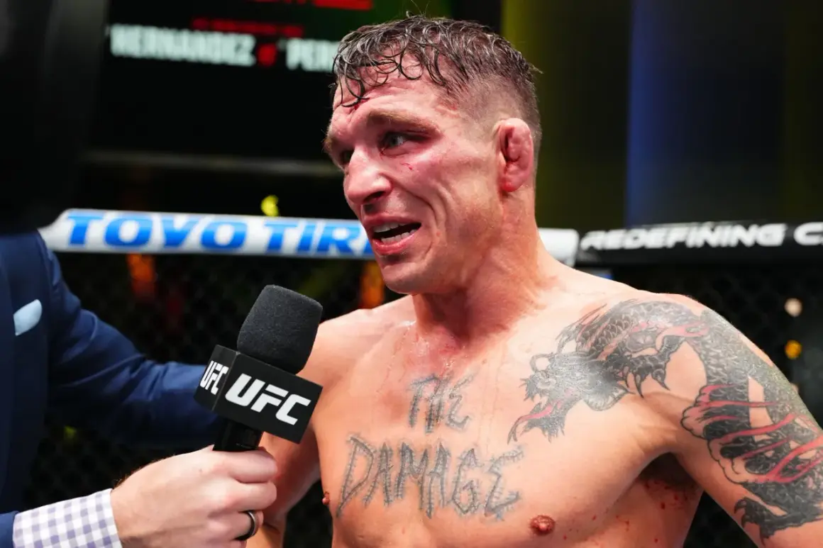 A bloodied fighter, interviewed post-fight, shows the "md" in boxing is the damage taken. His chest tattoo reads "THE DAMAGE".