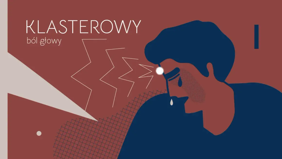 Ilustracja stylizowana: mężczyzna z bólem głowy, łzy, błyskawice bólu.