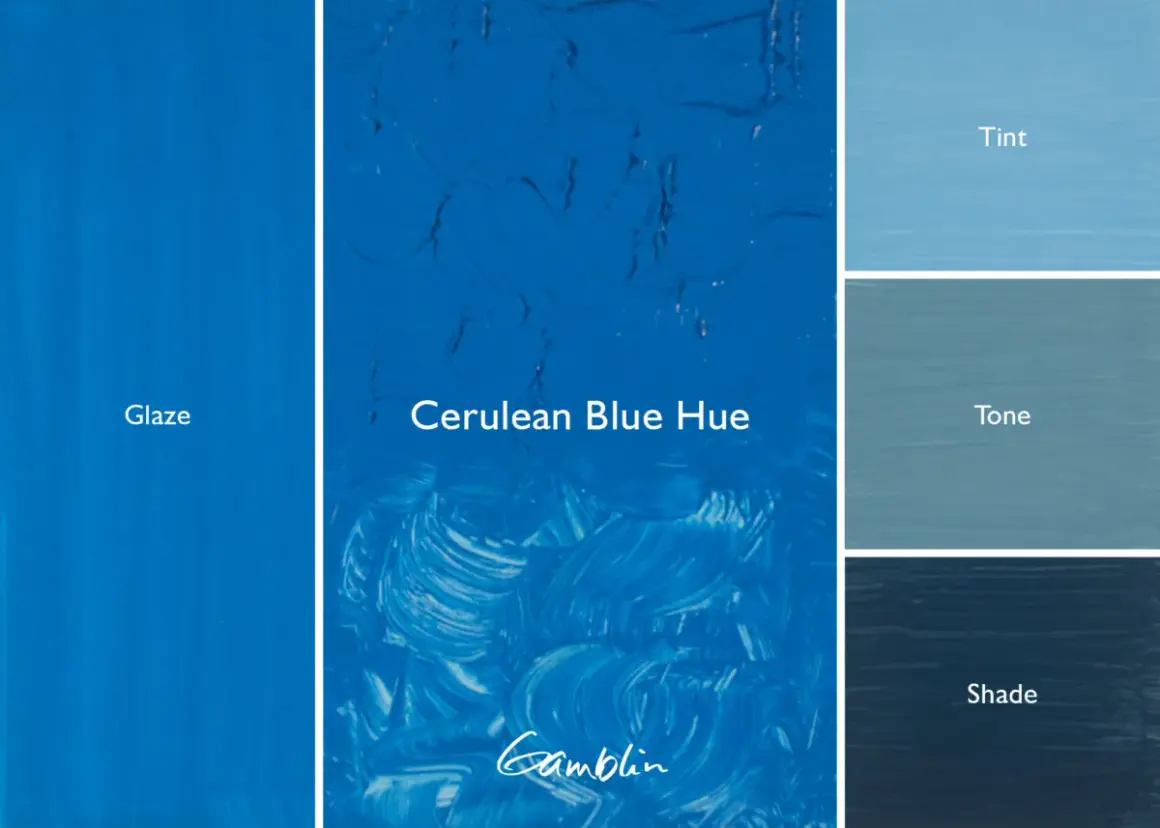 A swatch of cerulean blue paint, showing its glaze, hue, tint, tone, and shade.