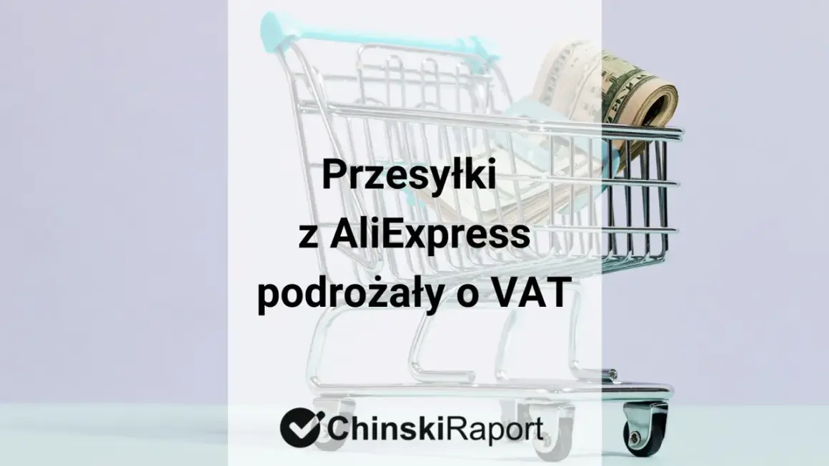 Wózek sklepowy z pieniędzmi w środku symbolizuje, że przesyłki z AliExpress podrożały o VAT.
