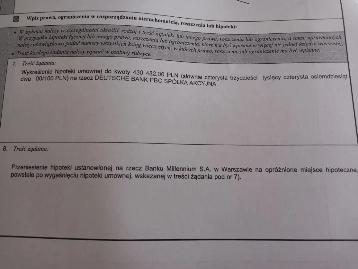 Fragment dokumentu z tekstem dotyczącym wpisu prawa, roszczeń i hipotek.