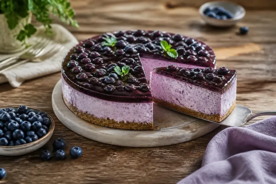 Ein köstlicher no bake blueberry cheesecake mit Blaubeer-Gelee und frischen Blaubeeren, garniert mit Minze.