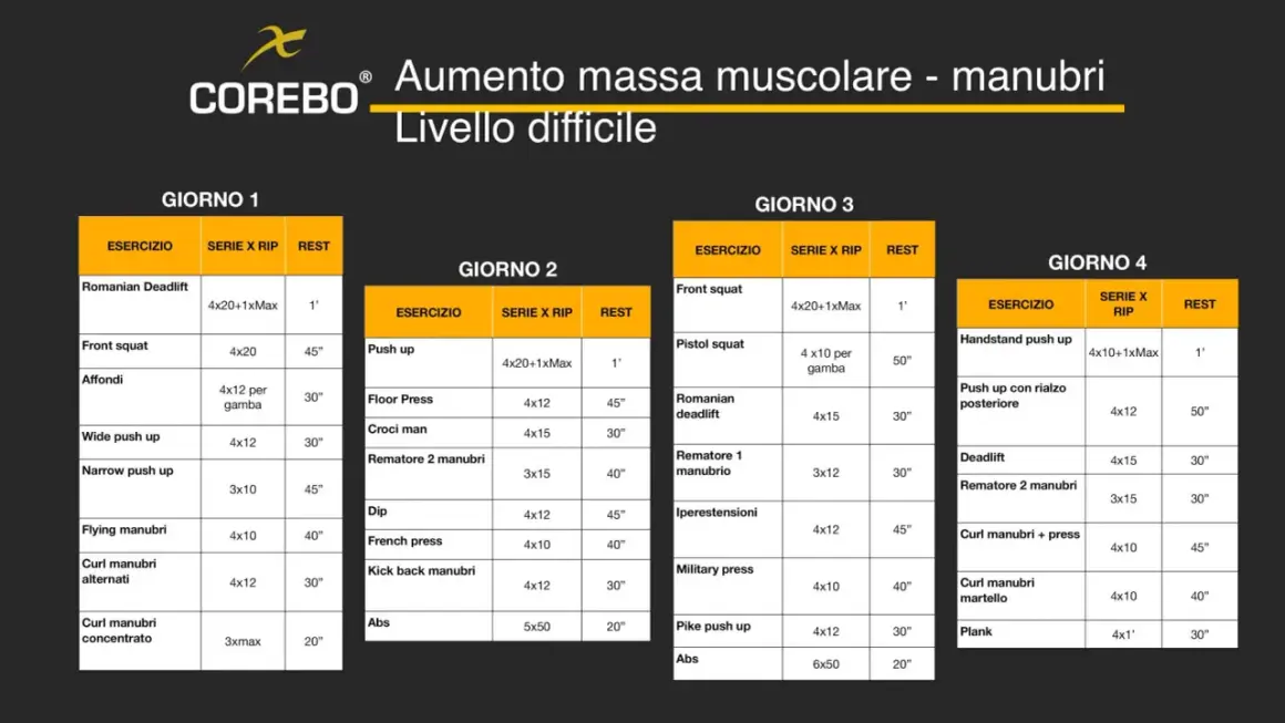 Scheda allenamento trazioni massa: programma di 4 giorni per aumento massa muscolare con manubri, livello difficile.