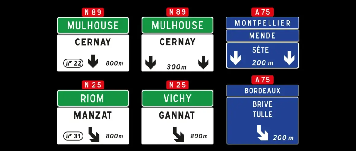Panneaux autoroute signification : direction Mulhouse, Clermont-Ferrand, Montpellier, Bordeaux.