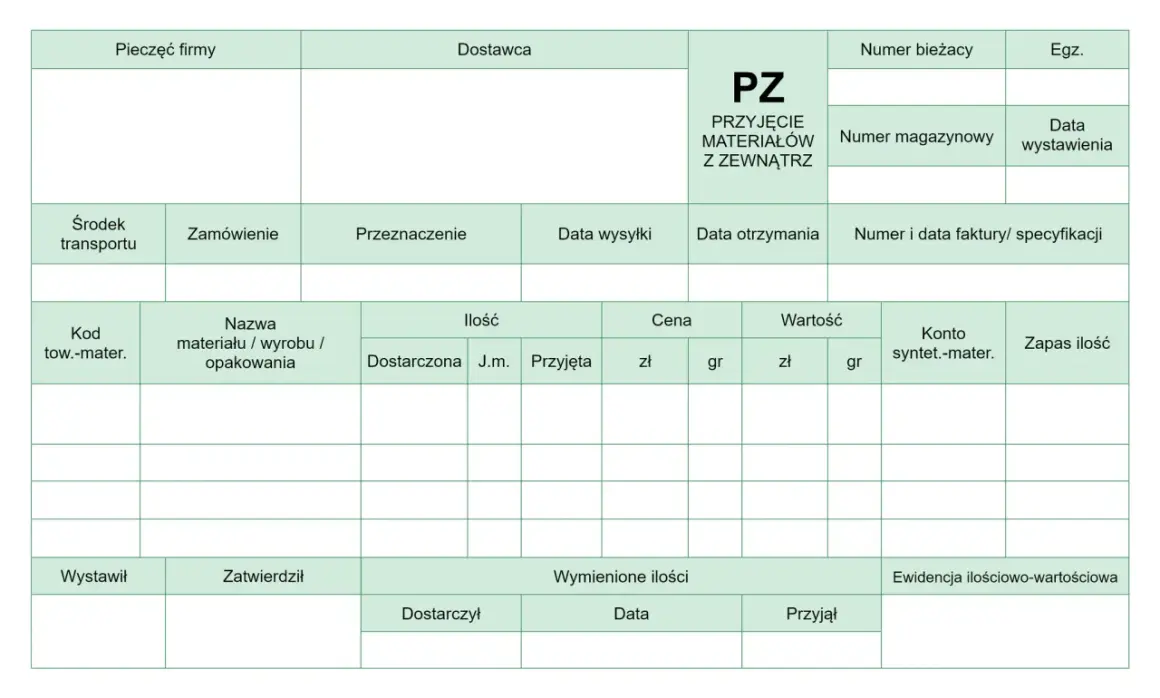 Formularz PZ - przyjęcie materiałów z zewnątrz. Dokumenty magazynowe do wypełnienia.