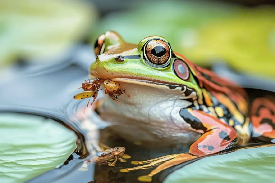 Une grenouille colorée attrape une proie dans sa bouche, illustrant comment arrive une grenouille dans un bassin.