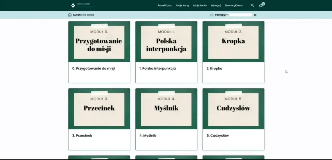 Moduły kursu: Przygotowanie do misji, Polska interpunkcja, Kropka, Przecinek, Myślnik, Cudzysłów.