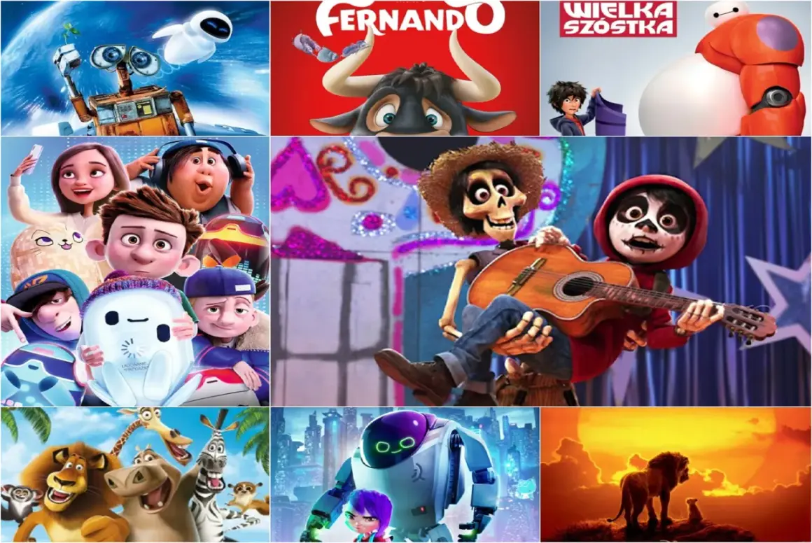 Kolaż z postaciami z filmów animowanych: WALL-E, Ferdinand, Wielka Szóstka, Coco, Ron Usterka, Madagaskar, Król Lew. Najlepsze bajki dla dzieci.
