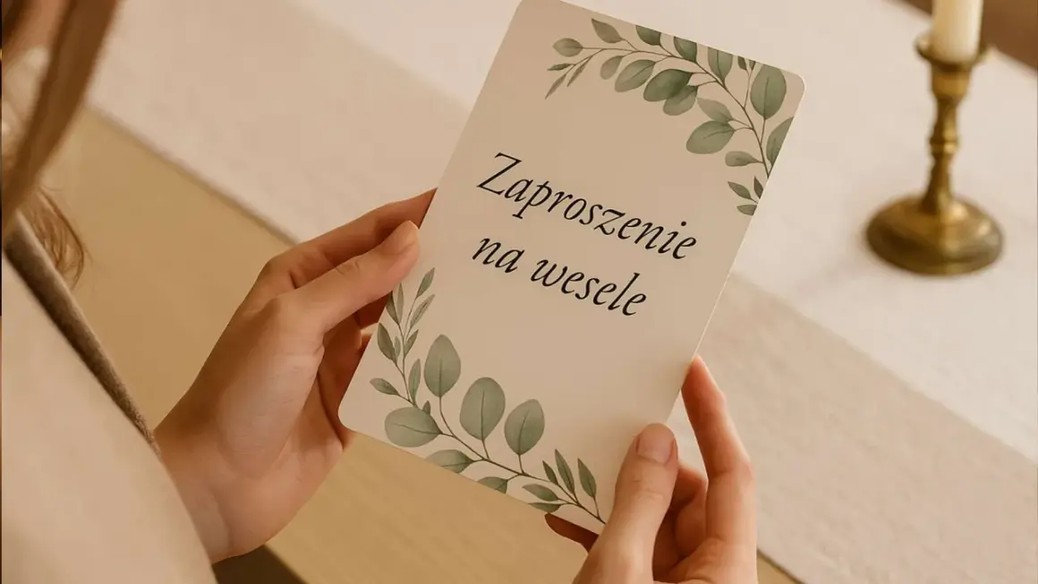 Dłonie trzymają zaproszenie na wesele z motywem liści. Warto wiedzieć, jak wypisać zaproszenia ślubne z osobą towarzyszącą i dzieckiem.