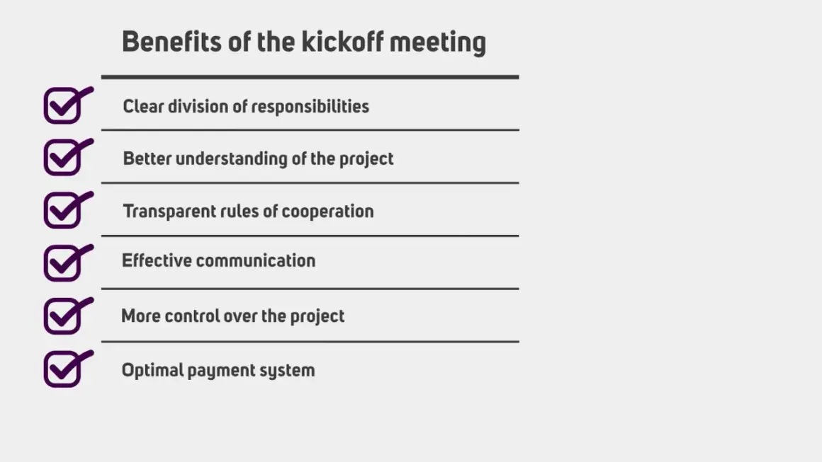 Korzyści z kickoff meeting: jasny podział obowiązków, lepsze zrozumienie projektu, przejrzyste zasady współpracy, efektywna komunikacja, większa kontrola nad projektem, optymalny system płatności.