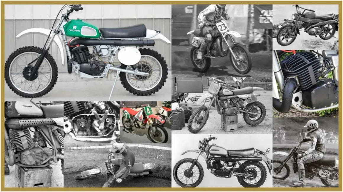 Kolaż zdjęć motocykli Husqvarna, od klasycznych modeli po wyścigowe maszyny.