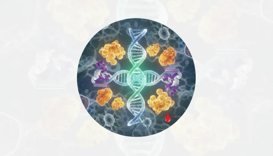 Molekularne podstawy fenyloketonurii: DNA, białka i komórki nerwowe. Kropelka krwi symbolizuje diagnostykę.