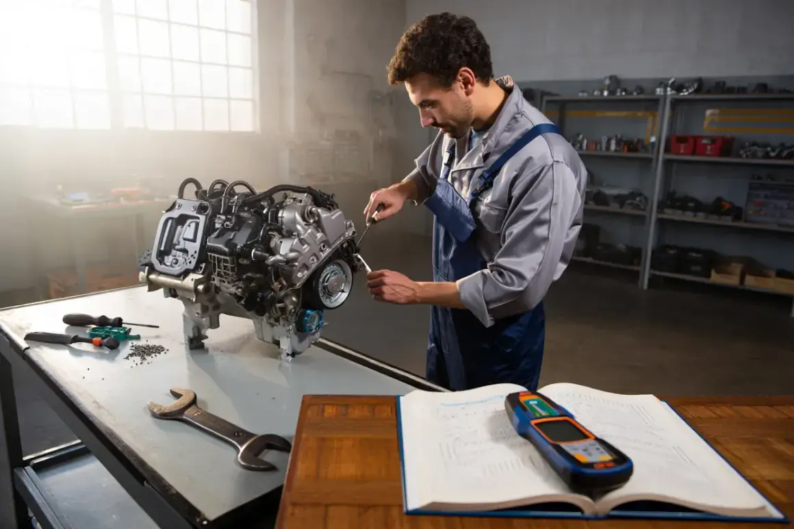 Mécanicien travaillant sur un moteur, peut-être pour une suppression vanne egr. Outils et manuel à portée de main.