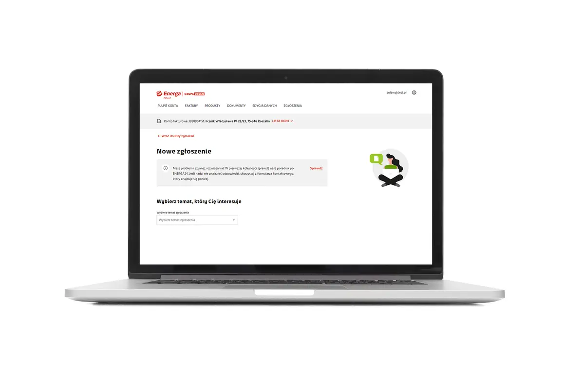 Laptop z otwartą stroną internetową Energa, widok panelu klienta z opcjami zgłoszeń.
