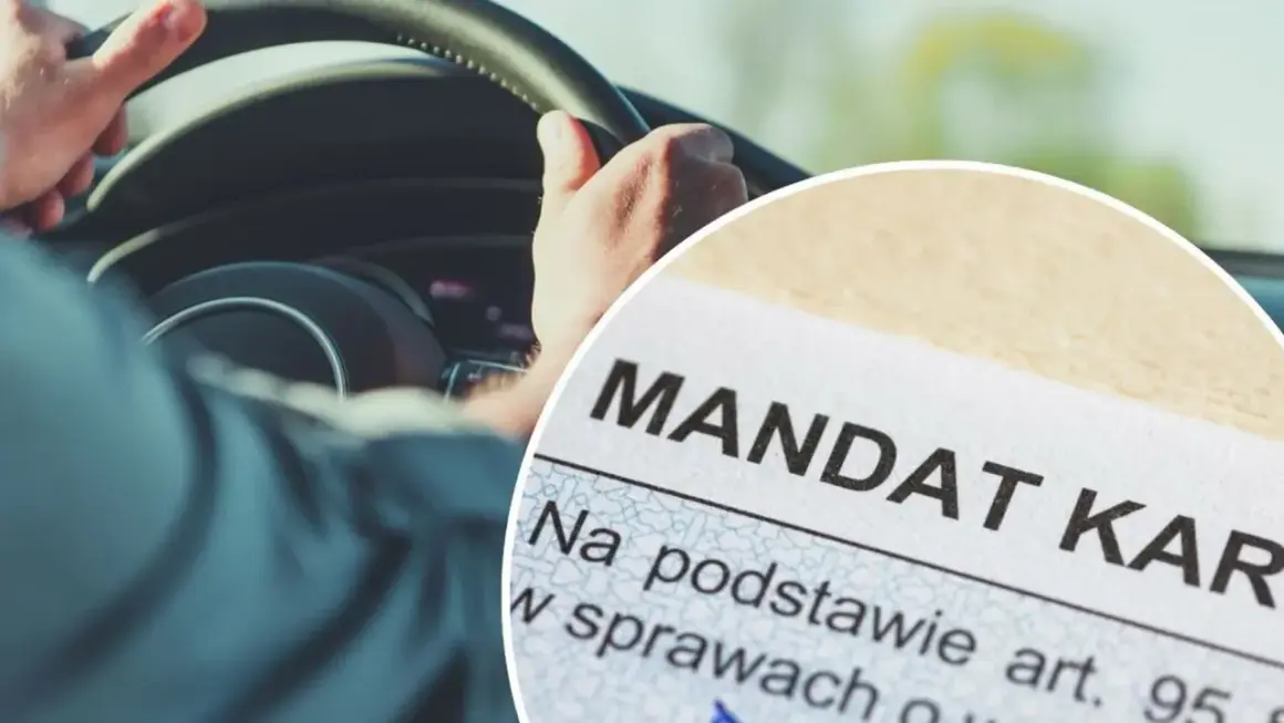 Kierowca trzyma kierownicę, a obok dokument z napisem "Mandat". Sytuacja sugeruje odmowa przyjęcia mandatu.
