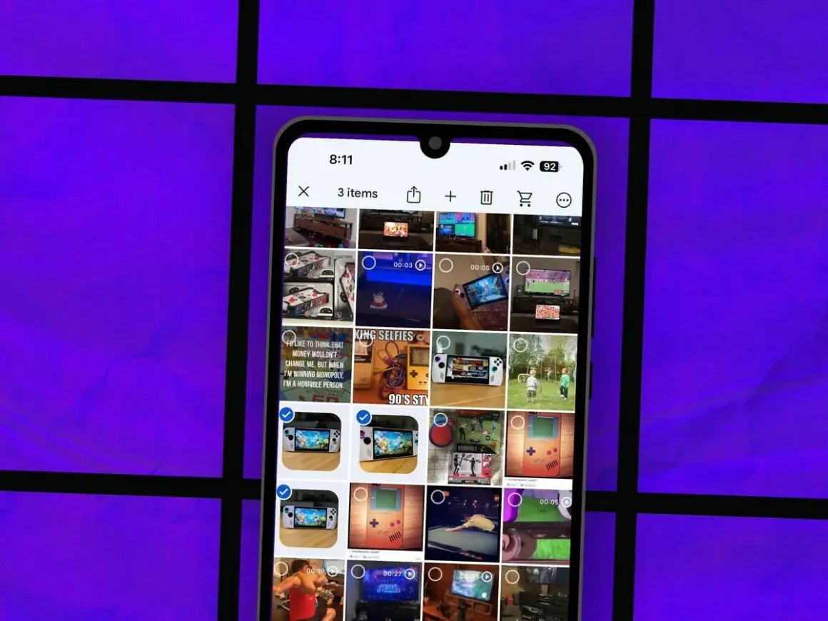 Phone screen showing photos, with a guide on how to move photos from phone to Google Drive.
