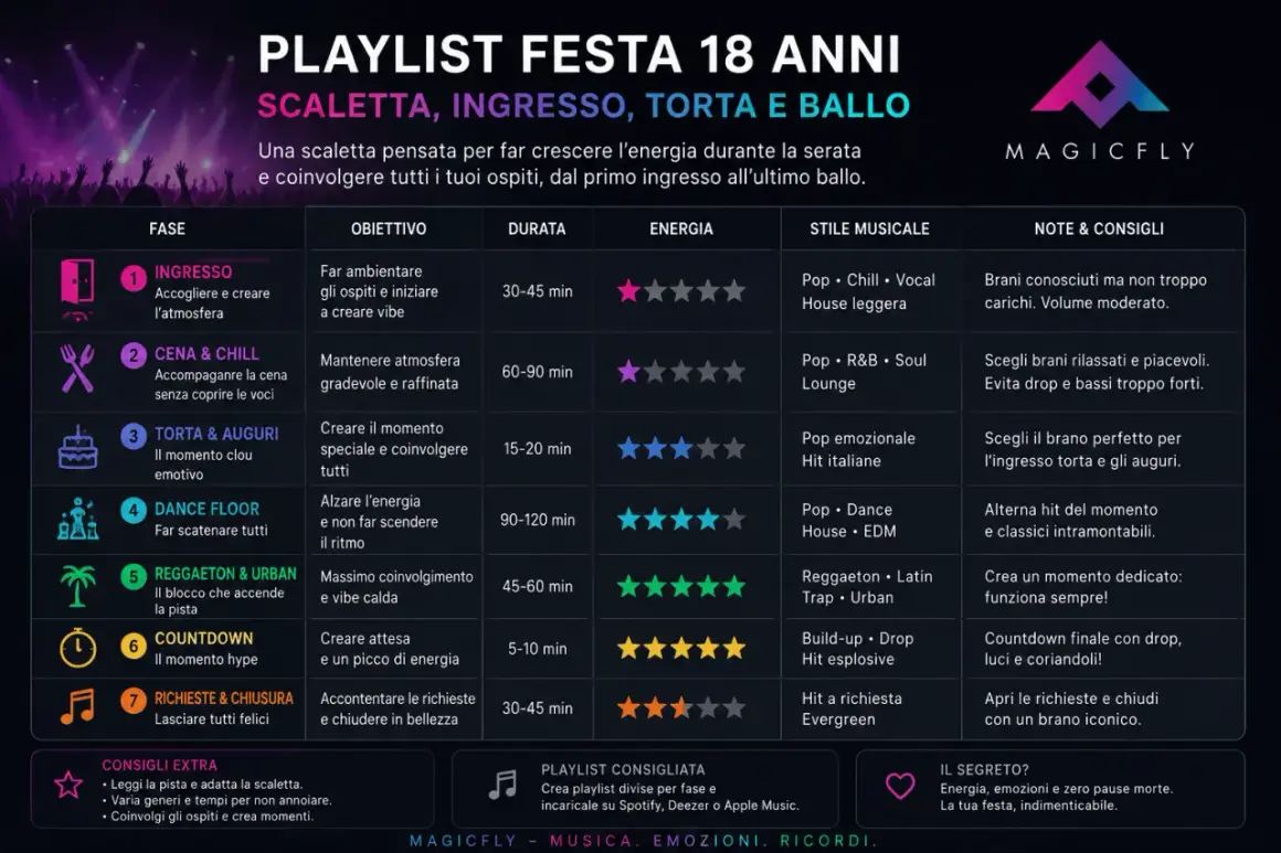 Scaletta per feste di compleanno adulti: dall'ingresso alla dance floor, con canzoni per ogni momento.