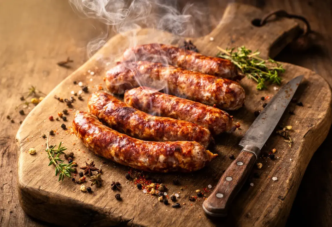 Gorące, parujące kiełbaski na drewnianej desce. Obok nóż i przyprawy. Idealna tabela parzenia wędlin dla smakoszy.