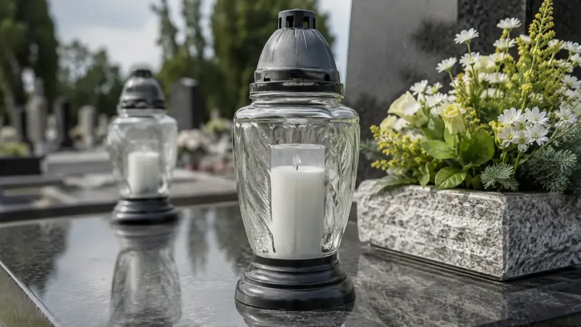 Zapalony znicz na kamiennym nagrobku, symbol pamięci i wiecznego światła. Obok bukiet białych kwiatów.
