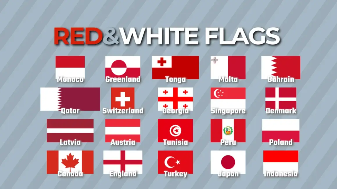 Bandiera bianca e rossa mare: un collage di bandiere nazionali, tra cui Monaco, Tonga, Malta, Bahrain, Qatar, Svizzera, Georgia, Singapore, Danimarca, Lettonia, Austria, Tunisia, Perù, Polonia, Canada, Inghilterra, Turchia, Giappone, Indonesia.