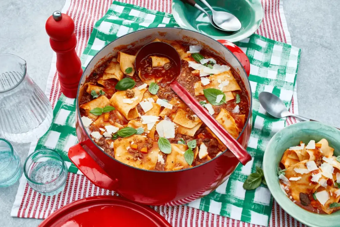 Herzhafte One Pot Lasagne in rotem Gusseisentopf, garniert mit Basilikum und Parmesan. Einfach und lecker!
