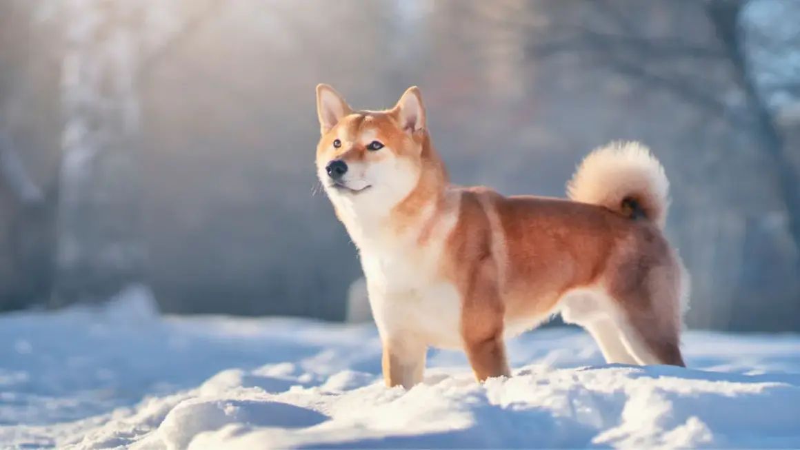 Un shiba inu, con su característico pelaje rojizo y cola enroscada, posa orgulloso en la nieve.