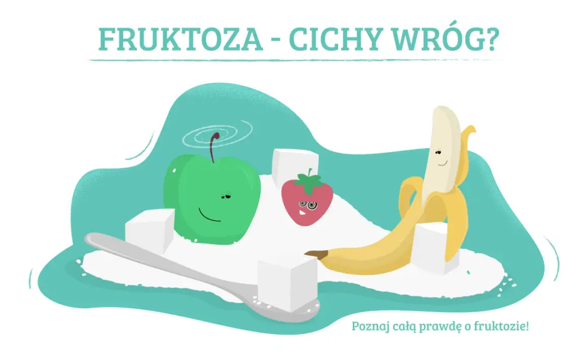 Fruktoza - cichy wróg? Ilustracja z jabłkiem, truskawką i bananem otoczonymi cukrem. Dowiedz się, co to fruktoza.