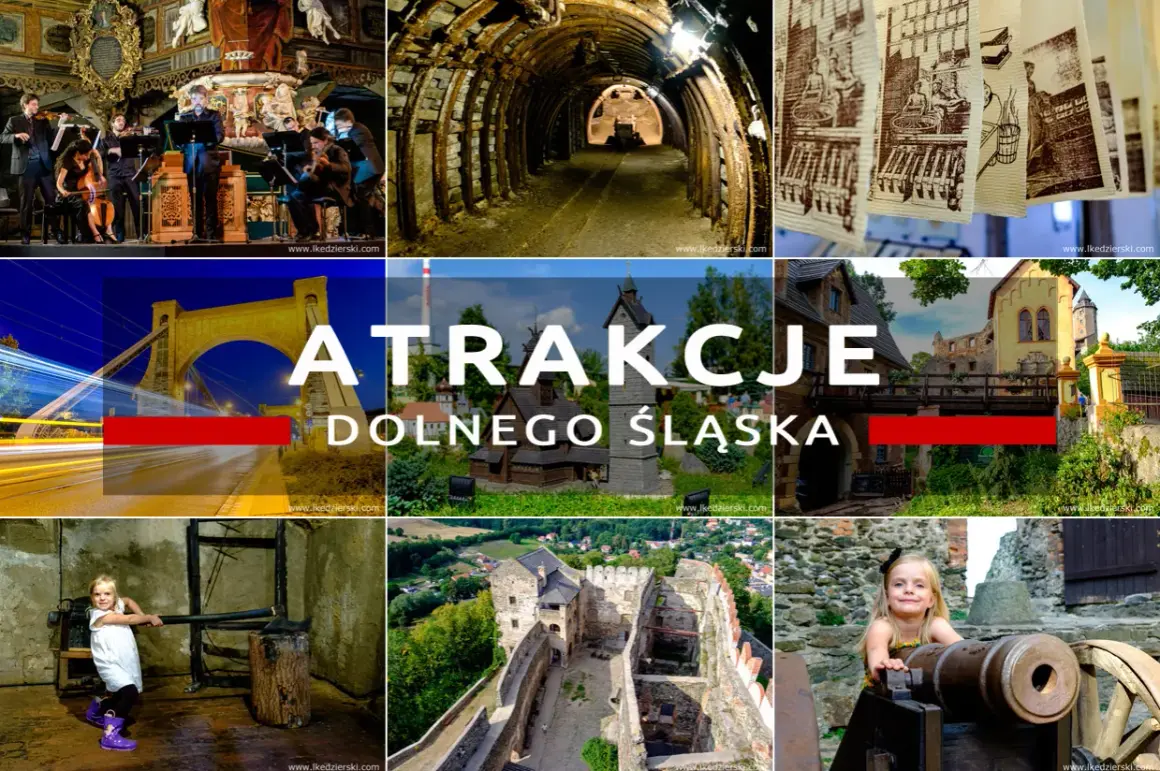 Atrakcje Dolnego Śląska: koncert, kopalnia, most, zamki i dziewczynka przy armacie.