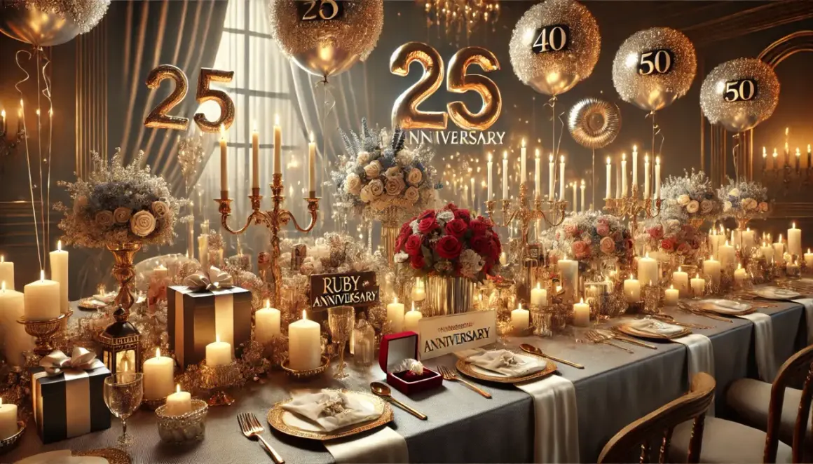 Tavola apparecchiata per nozze anniversari, con palloncini a forma di numeri, candele accese, fiori e regali.