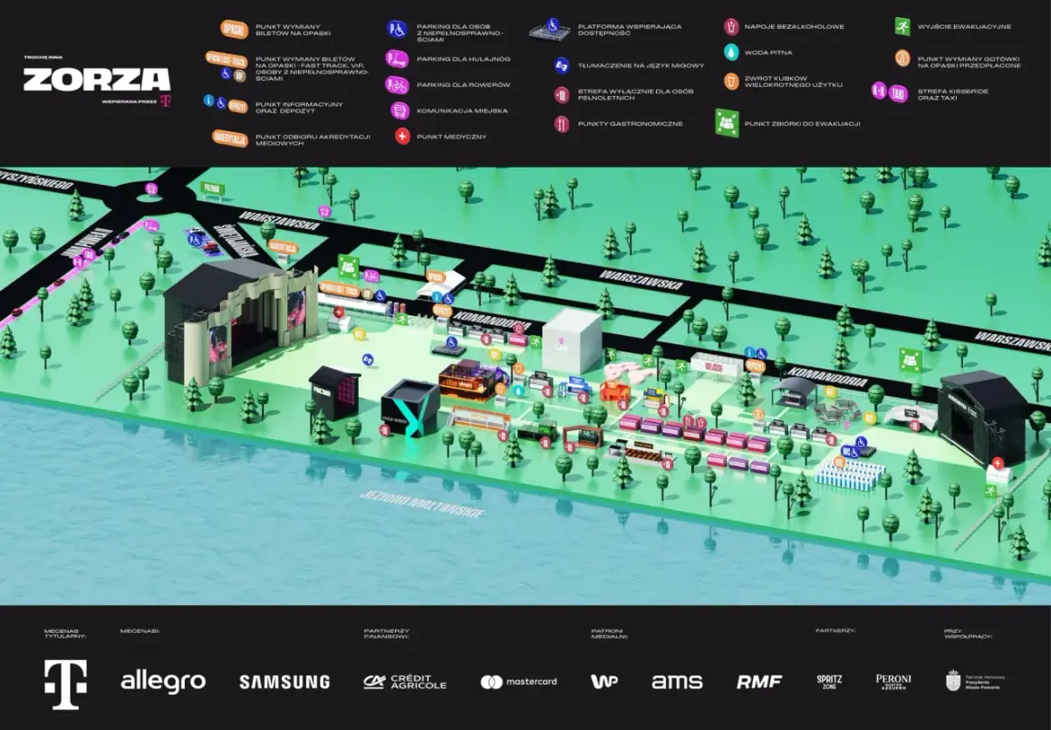 Mapa festiwalu ZORZA Poznań z zaznaczonymi punktami: parkingi, gastronomia, punkty medyczne, strefy VIP i inne.