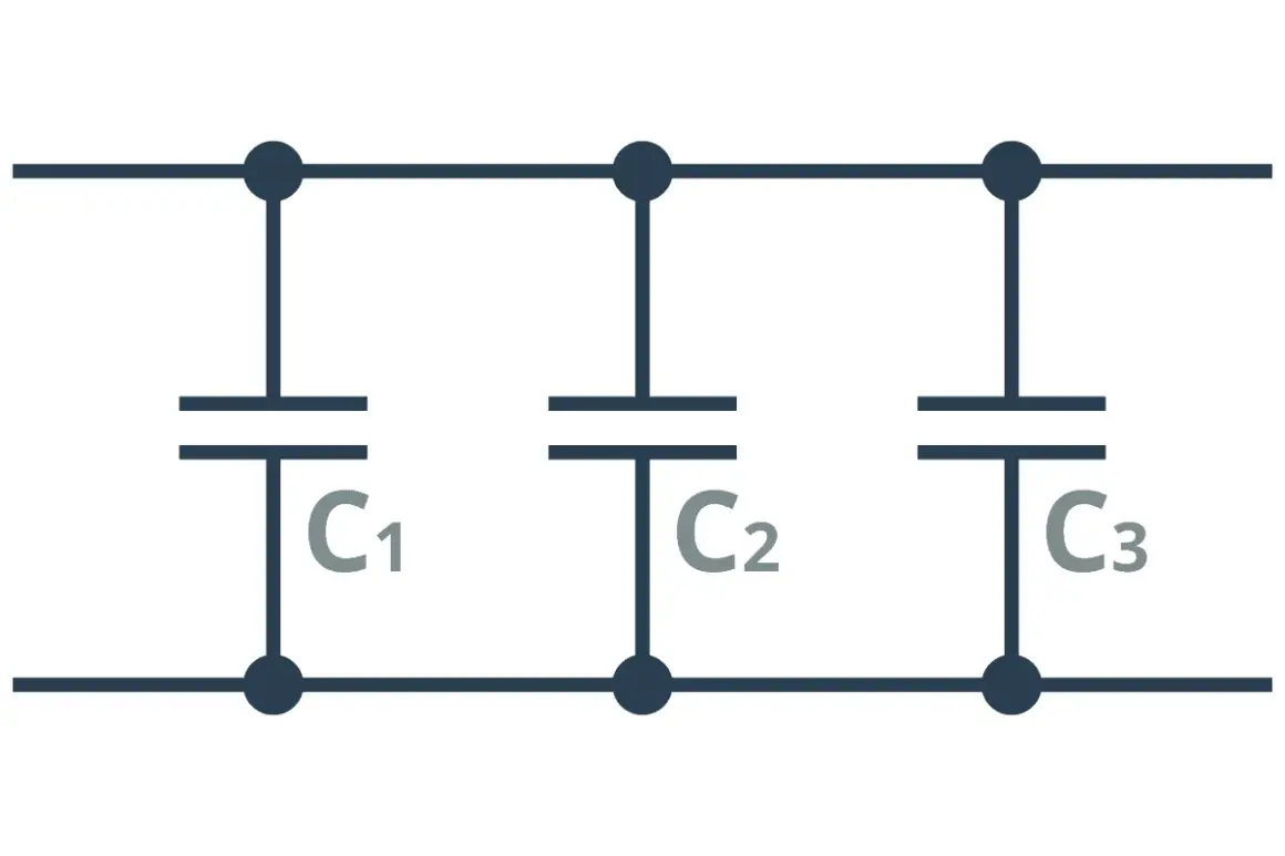 Schemat połączenie równoległe trzech kondensatorów C1, C2, C3.