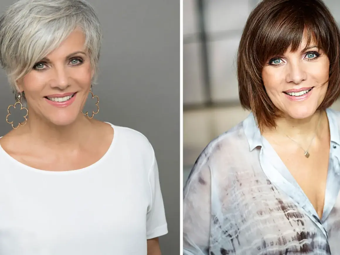 Birgit Schrowange: links mit grauen Haaren und Blumenohrringen, rechts mit braunen Haaren.