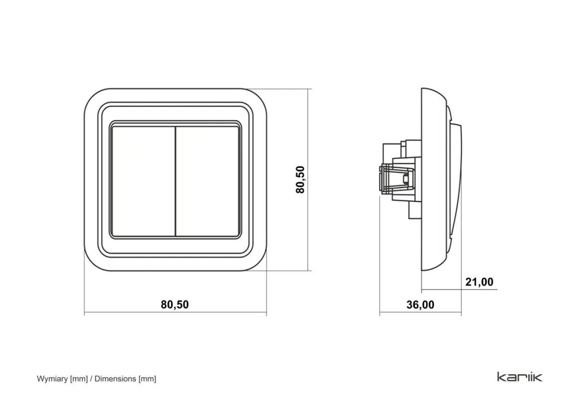 Schemat łącznika świecznikowego dwuklawiszowego. Wymiary: 80,50 mm x 80,50 mm, głębokość 36 mm, wysokość 21 mm.