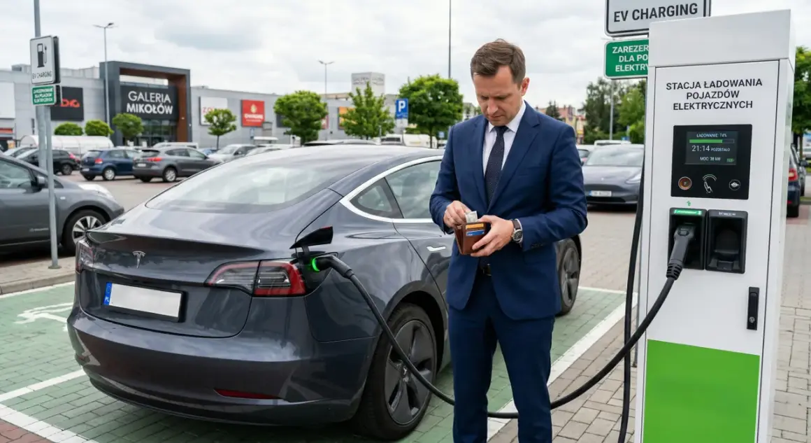 Mężczyzna w garniturze sprawdza portfel przy ładowarce do Tesli. Zastanawia się, ile kosztuje ładowanie samochodu elektrycznego w domu.