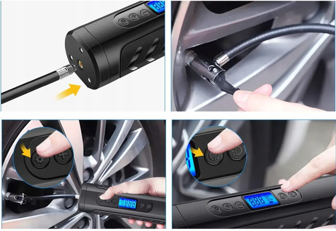 Pompka na akumulator w akcji: podłączanie węża do wentyla, regulacja ciśnienia i pompowanie opony. Cyfrowy wyświetlacz pokazuje stan.