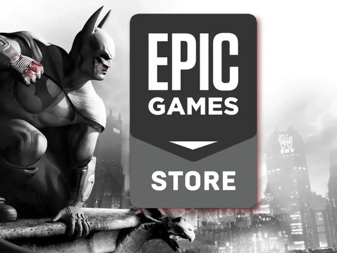 Batman na dachu, obok logo Epic Games Store. Sprawdź darmowe gry Epic Games!