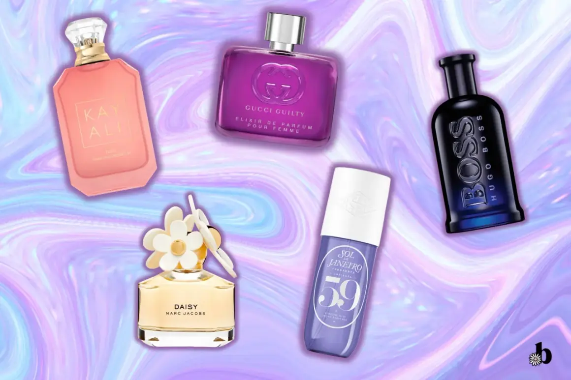 Kolekcja perfum: różowy Kayali, fioletowy Gucci Guilty, żółty Daisy, niebieski Hugo Boss i fioletowy Sol de Janeiro. Intensywna fiołka w tle.