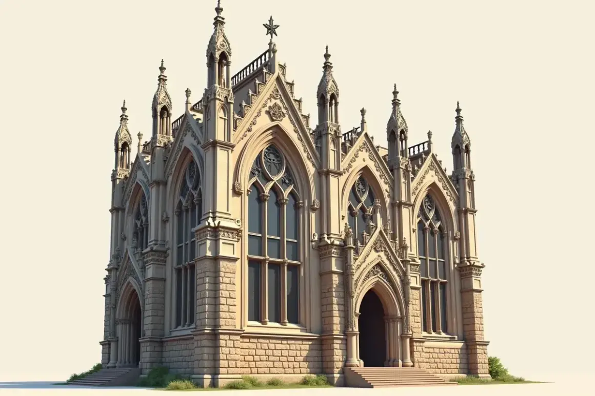 Kamienna budowla z licznymi wieżyczkami i ostrymi łukami, idealny przykład architektury romantyzmu.