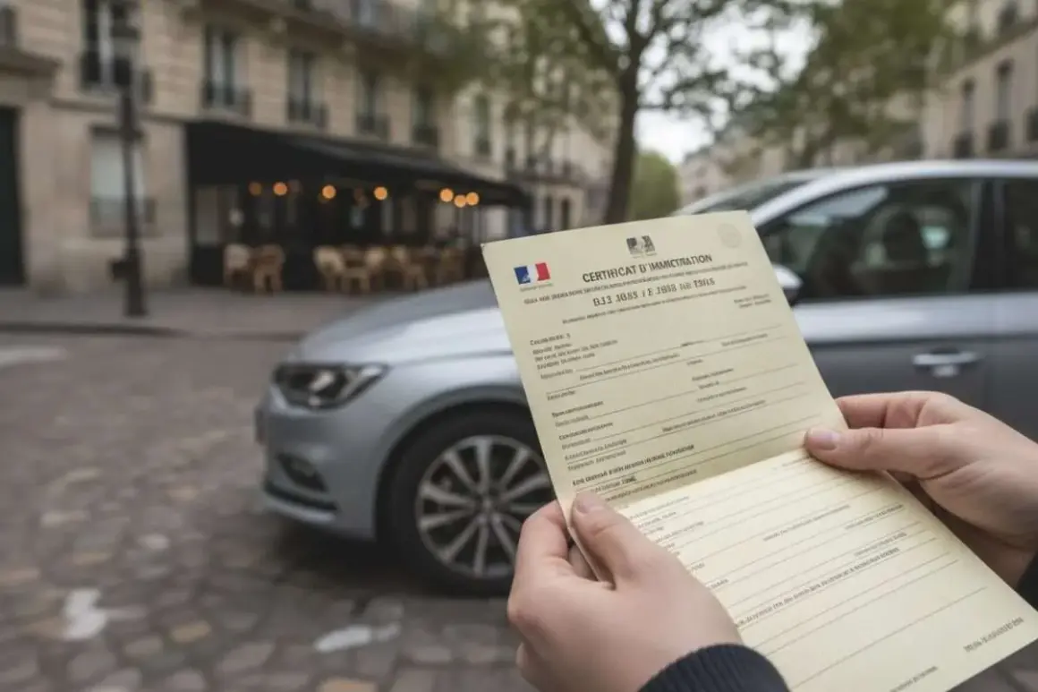 Main d'une personne tenant un certificat d'immatriculation (carte grise) devant une voiture argentée garée dans une rue pavée.