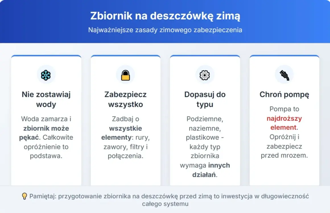 Ilustracja przedstawia cztery kolumny z ikonami i tekstem na temat zabezpieczania zbiornika na deszczówkę na zimę.