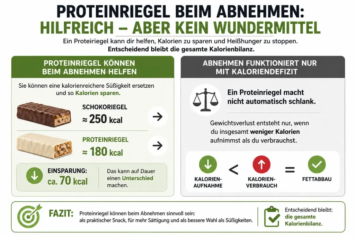 Ein proteinriegel gesund kann helfen, Kalorien zu sparen. Ersetzt man einen Schokoriegel (250 kcal) durch einen Proteinriegel (180 kcal), spart man 70 kcal.