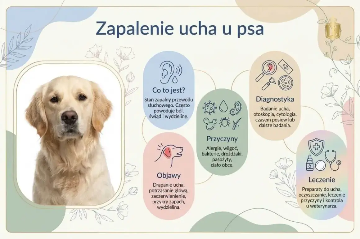 Złoty retriever z zapaleniem ucha, objawiającym się czarnym brudem w uszach psa, swędzeniem i wydzieliną.