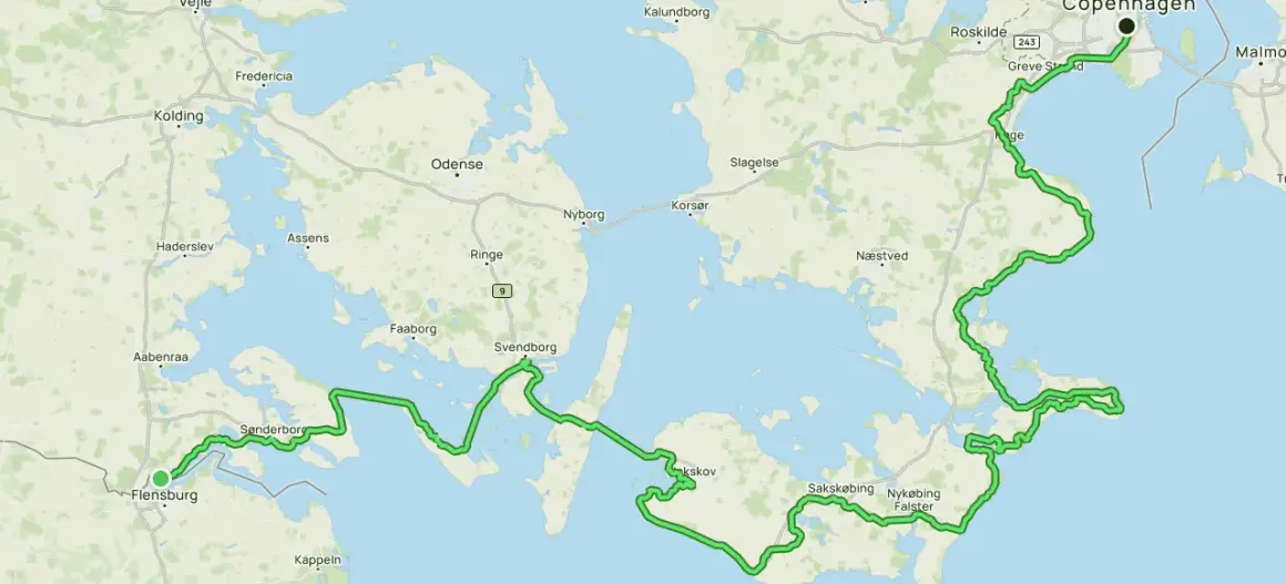 Trasa rowerowa EuroVelo 10 w Niemczech i Danii, od Flensburga przez wyspy duńskie do Kopenhagi.