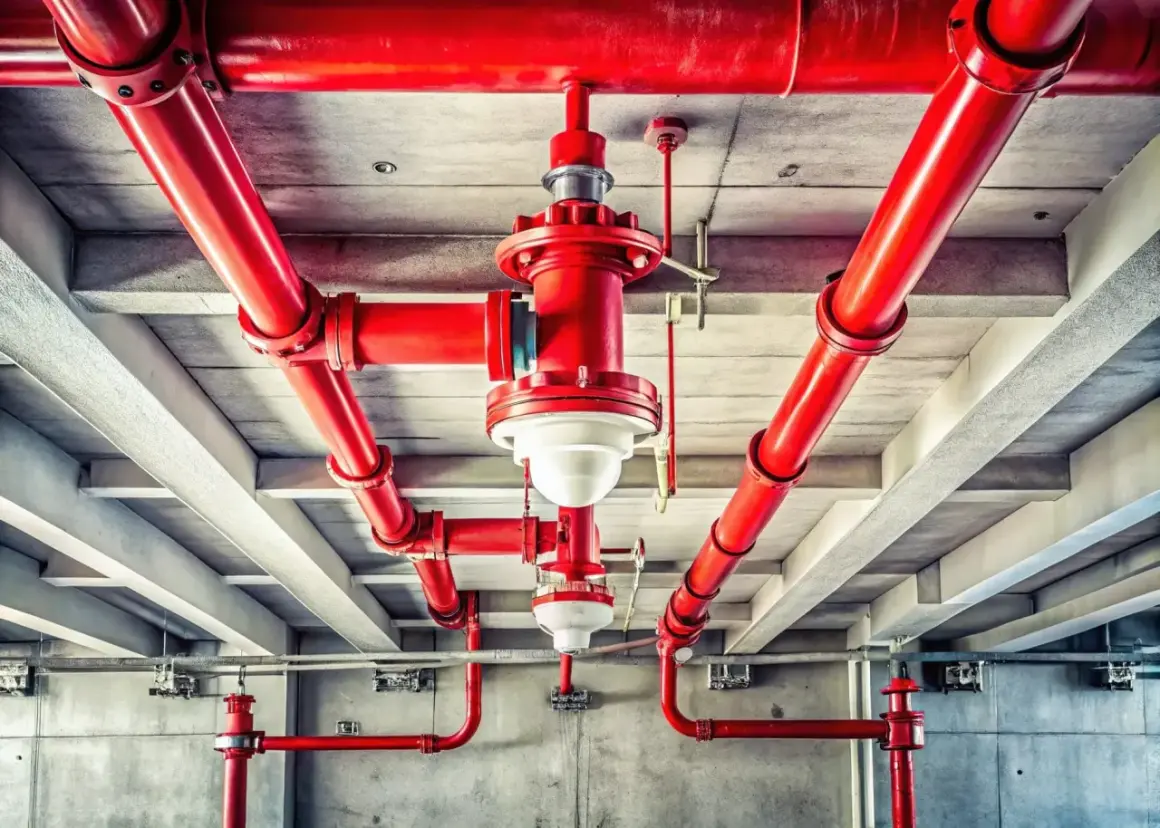 Rote Rohre einer Sprinkleranlage, die für die Wartung vorbereitet sind, verlaufen unter einer Beton-Decke.